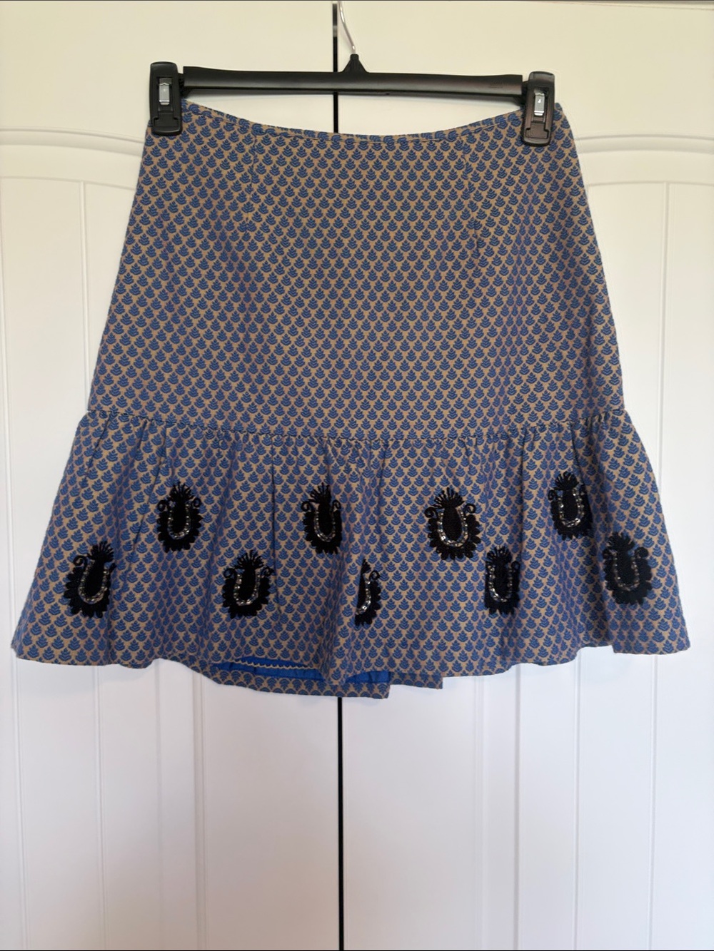 Womens Blue Patterned Ruffle Hem Skirt